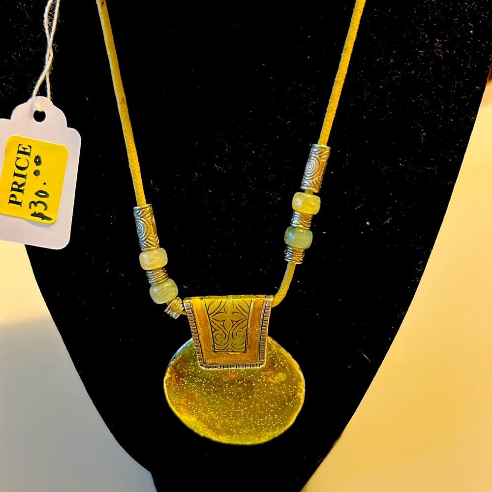VCLM Leather Cord and Mixed Metal Enamel green Pendant Necklace